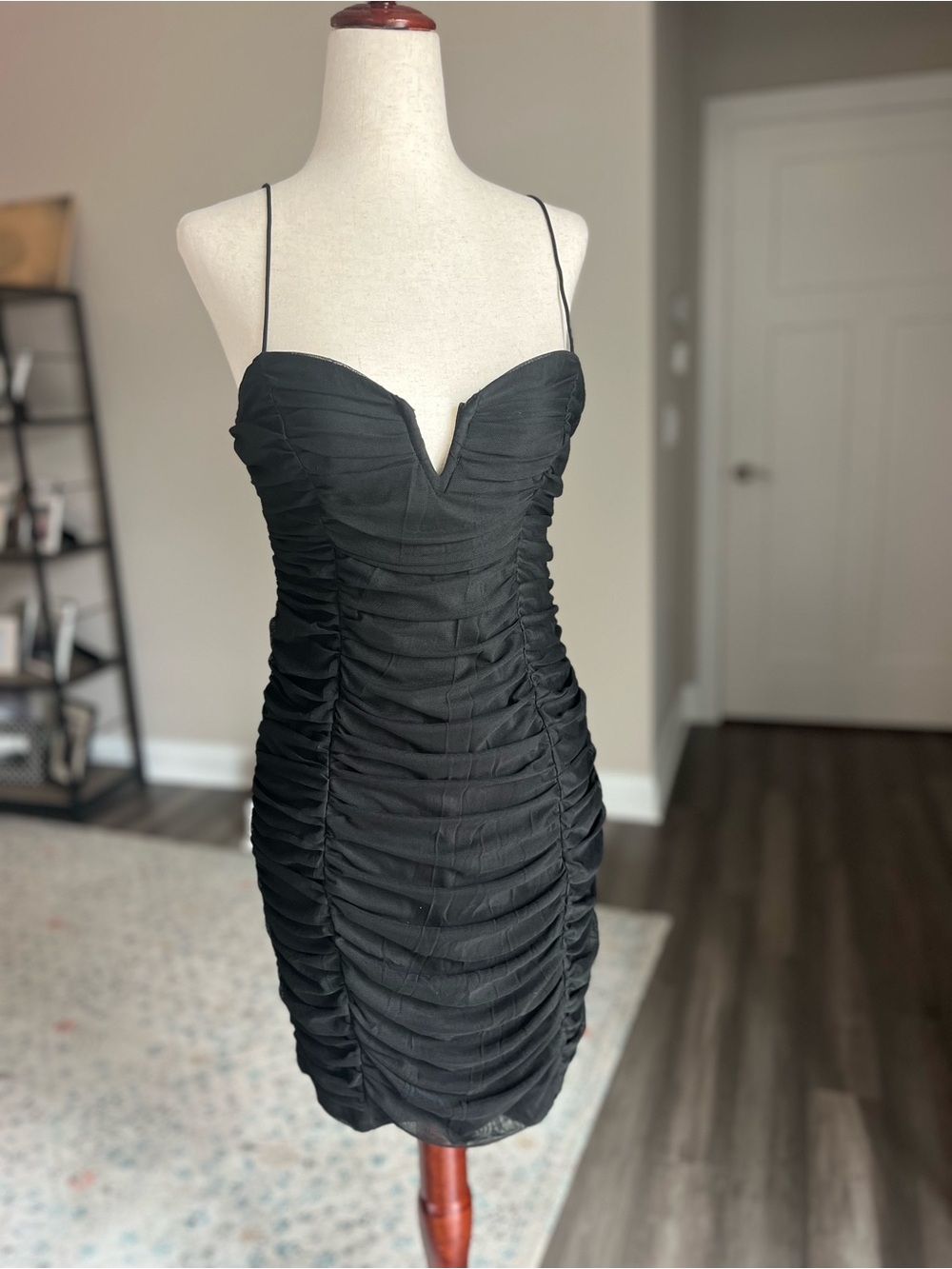 Black Ruched Bodycon Dress with Spaghetti Straps